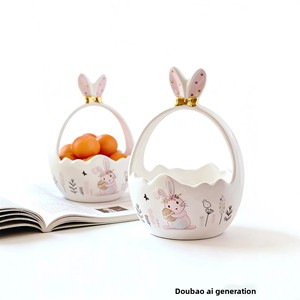 Panier de Pâques créatif en porcelaine avec relief de lapin, peint à la main, motif de fruits de dessin animé, arrangement floral, décoration de Pâques à tenir à la main - Product Image 2