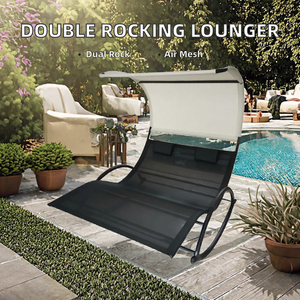 Chaise longue double à bascule moderne avec auvent pare-soleil, tissu en maille respirante, structure métallique - Chaise de relaxation pour deux personnes pour patio extérieur - Product Image 2