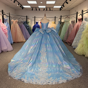 ชุดเดรสสีฟ้าสำหรับงาน Quinceanera ฉลองอายุ 15 ปี ประดับดอกไม้หลากสีสัน แต่งเลื่อมสีน้ำเงิน ประดับลูกปัด ผ้าลูกไม้ ชุดราตรีสำหรับงานปาร์ตี้ Dy1371 - Product Image 3