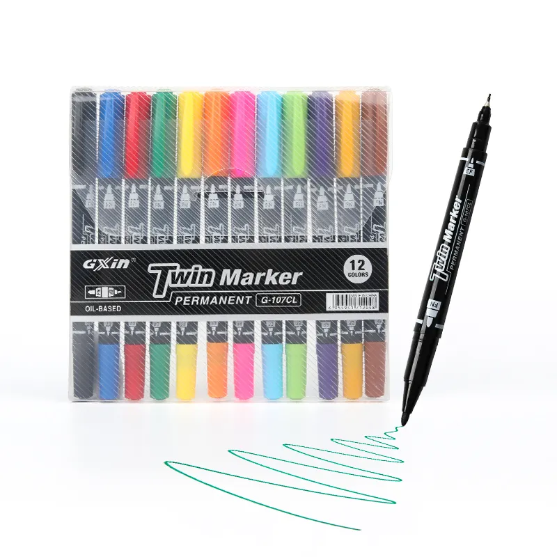 Aangepaste 12 Kleuren Dual Tip Marker Waterdichte Fijne Voering Pennen Dubbele Pennen Fabrieksprijs Fineliner Marker