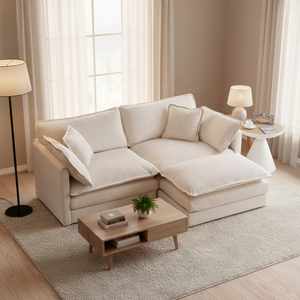 Sofá en Forma de L de Tela de Felpa Beige con Chaise Longue a la Derecha, Modular, Asientos Profundos, Cojines Cómodos <span class=keywords><strong>para</strong></span> Sala de Estar Pequeña, Estilo Minimalista - Product Image 5