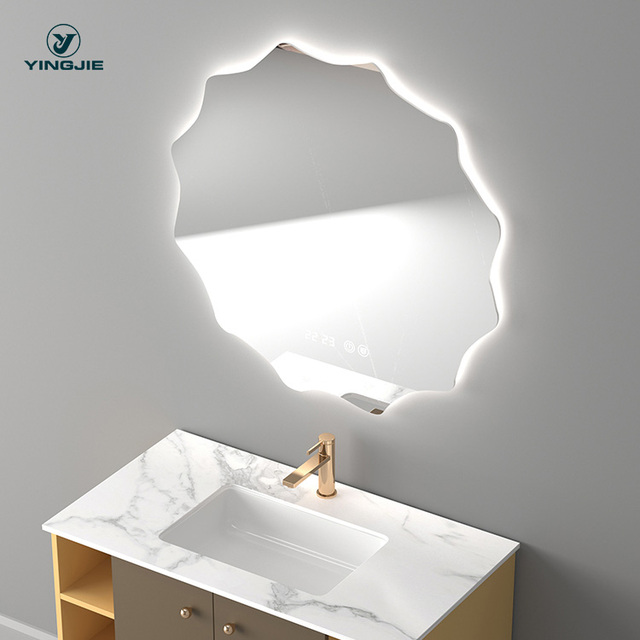 Anti-Fog Illuminated Bathroom Mirror with LED Light and Clock New Polygon Round Smart Touch Switch Wall Mount Design
