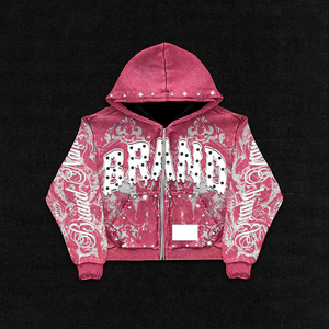 Sweat à capuche zippé pour <span class=keywords><strong>homme</strong></span>, 100% Coton, Coupe Oversize, Grammage Lourd, Effet Vieilli, Strass, Délavé à l'acide, Style Streetwear, Hiver, Vente <span class=keywords><strong>Black</strong></span> <span class=keywords><strong>Friday</strong></span>, Personnalisable - Product Image 2