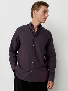 Chemise habillée boutonnée pour homme, violet foncé, manches longues, couleur unie, popeline, infroissable, style décontracté chic, pour l'automne - Product Image 1