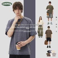 Kaos Raglan O-Neck Sebanda 350G Katun Murni Berat, Dapat Disesuaikan, Lengan Pendek, Proses Batik Tua, Model Longgar dengan Lubang di Pinggir