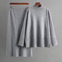 Ensemble tricoté décontracté pour femme, couleur unie, pull à col roulé et jupe mi-longue, vente en gros