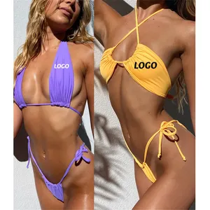 Envío gratuito Color sólido Tanga Bikini brasileño traje de baño para mujeres Japón madura indio sexy abierto para fotos de las señoras trajes de baño