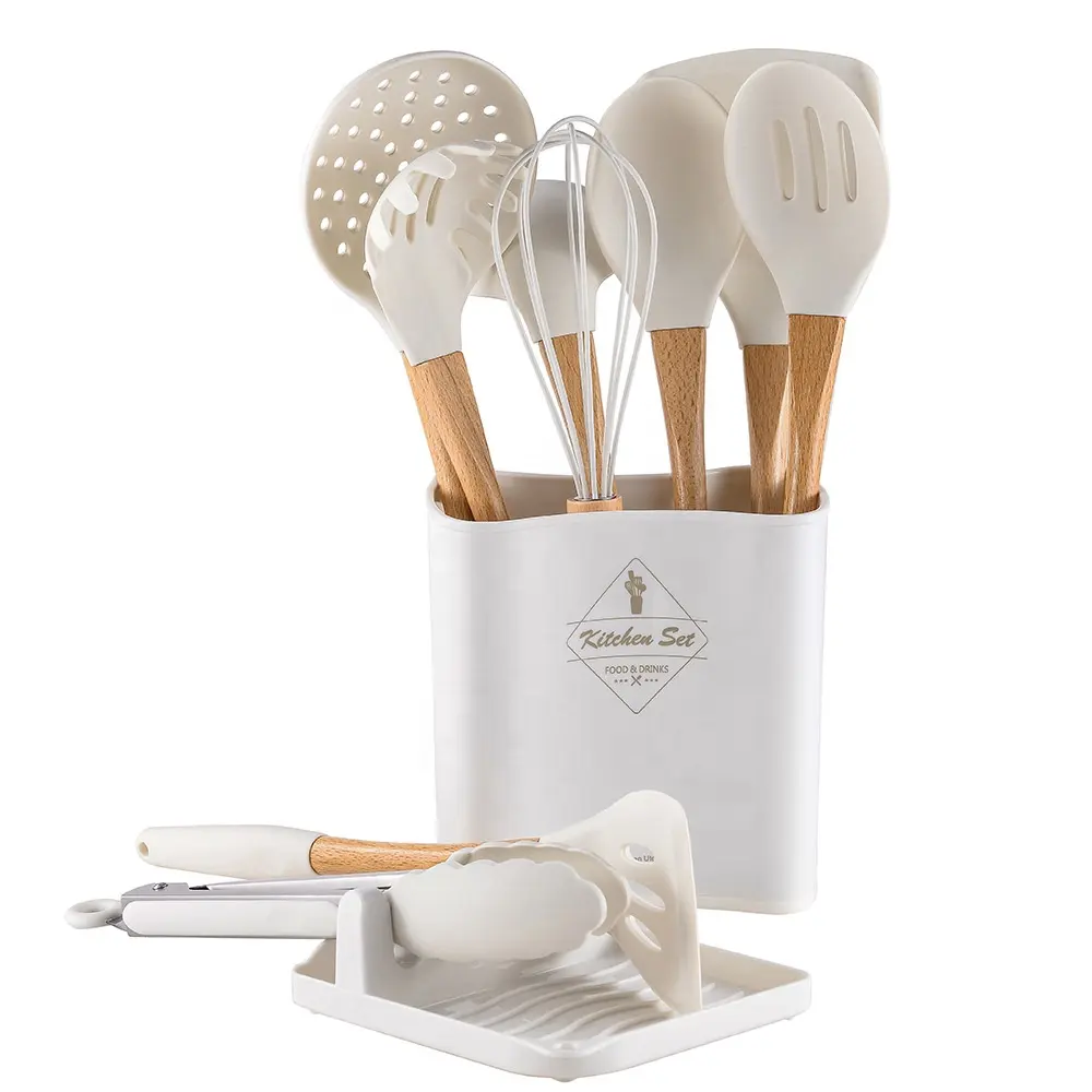 Ustensiles de cuisine en silicone, cuillère à soupe, spatule, manche en bois de silicone, ensemble d'outils de cuisine avec logo personnalisé, blanc