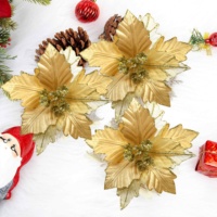 Flor de Poinsettia Navideña de Tela Dorada con Acento Floral de 7.8 Pulgadas para Decoración de Árboles de Navidad, Colección Festiva, Venta al por Mayor