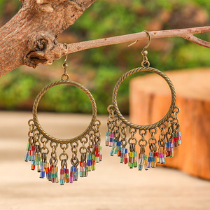 Bohemian Tassel Hoop Earrings Alloy Antique Bronze Plated <b>Colorful</b> <b>Beads</b> Women's Party Fashion Dangle Jewelry - Product Image 1