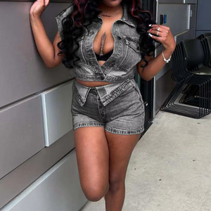 Viviblook Z514ST05 Nouvel ensemble short en jean amincissant avec gilet et short deux pièces pour femme - Product Image 1