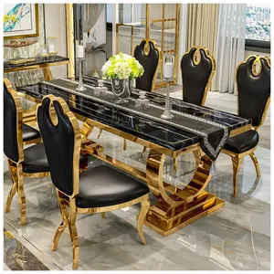 Conjuntos De Sala De Jantar 6 Cadeiras Móveis De Mesa De Luxo Perna De Aço Inoxidável Conjunto De Mesa De Jantar De Mármore 6 Cadeiras