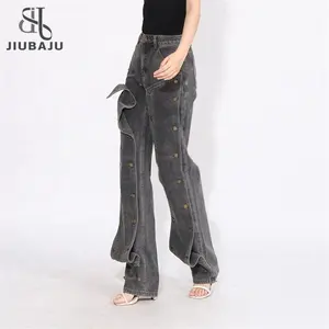 OEM Clothing Women's Jeans Grey Loose Multiple Pockets Straight Wide Leg Denim Cargo Pants 2024
