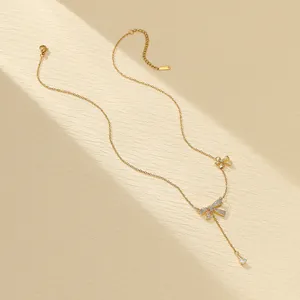 Kwastje Strik Zirkoon Koperen Hanger Ketting Vlinder Rvs Ketting Ketting Dames Fijne Sieraden Voor Vrouwen Feest Cadeau