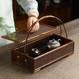 Caja de té de bambú estilo japonés, cesta de almacenamiento, juego de té retro/caja coleccionable con tapa, estuche portátil, accesorios para la ceremonia del té. - Product Image 2