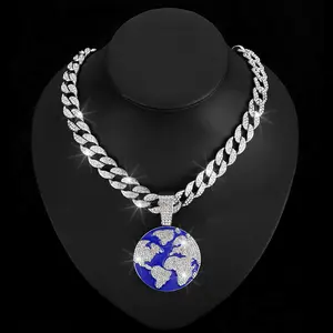 2024 Factory Wholesale Iced Out 15mm Cuban Link Chain Alloy And Rhinestone Hip Hop Blue Earth Pendant Necklace
