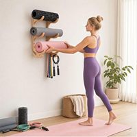 Support mural multifonctionnel en bambou à 3 niveaux pour tapis de yoga et rangement de matériel de fitness à domicile