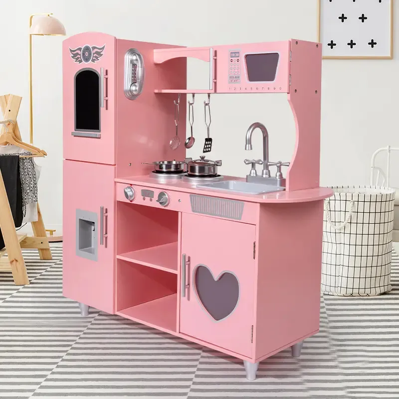 Children's Pink Cute Wooden Kitchen Toy Set Small Kitchen Stove Simulation House Set for Distribution for Kitchen & Food Toys