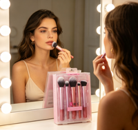 Lot de 5 pinceaux de maquillage pour le visage et les joues Sweet Rose, étui transparent, kit professionnel de pinceaux pour poudre, blush et fard à paupières pour femmes