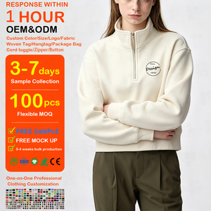 Sudadera OEM al por mayor para mujer con media cremallera, logotipo personalizado, marca privada, ajuste holgado, forro polar de algodón, suéter corto con cremallera de cuarto. - Product Image 1