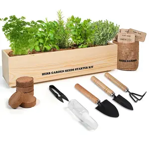 Kit de inicio de 5 jardines con plantación completa y caja de flores de madera para alféizar de cocina, Kit de cultivo de hierbas para interiores DIY