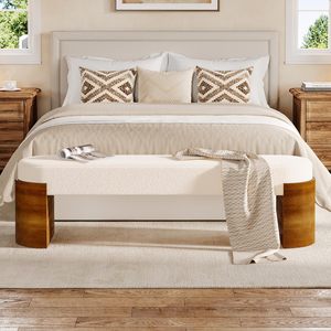 Banc de chambre principale Tribesigns 59 pouces, ottoman pour le <span class=keywords><strong>pied</strong></span> <span class=keywords><strong>du</strong></span> <span class=keywords><strong>lit</strong></span> avec siège en fausse fourrure d'agneau et structure en bois d'ingénierie, blanc et marron - Product Image 3