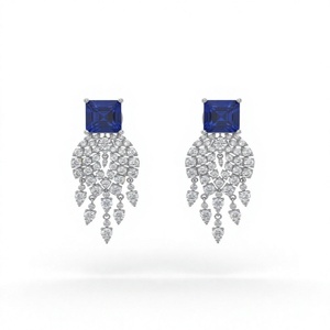 Luxury 18K 14K <b>Gold</b> Plated Blue Sapphire Bridal Chandelier Earrings Round Diamond Earrings Square Gemstone Dangle Earrings - Product Image 1