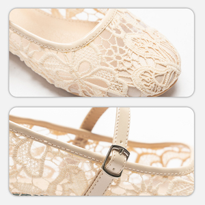 Beige Lace Fabric Floral Pattern Girls Mary Jane Flats with Hasp Closure <b>Soft</b> TPR Outsole for Wedding Evening <b>Shoes</b> - Product Image 3