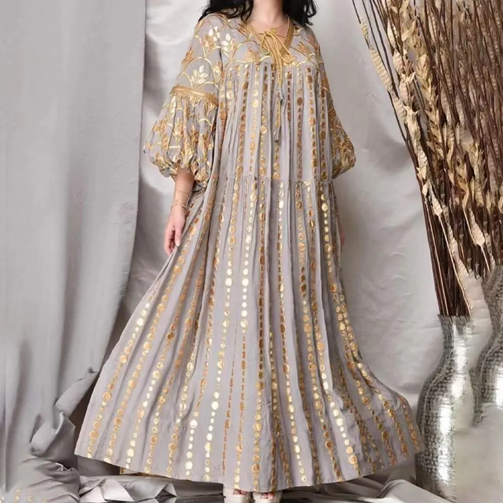 Middle East Muslim ethnic style sequins casual loose lace up robe daffah abaya thobes ramadan elegant dress Islamic clothing