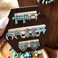 Ensemble de boucles d'oreilles cloutées pour femmes, style western vintage, motif tête de taureau turquoise et croix en forme de cœur, pour cowgirls, bijoux