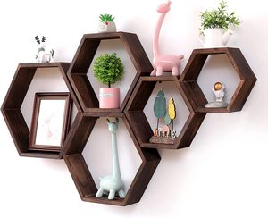 Lot de 5 étagères flottantes hexagonales, étagères murales en nid d'abeille, étagères de stockage en <span class=keywords><strong>bois</strong></span> pour la décoration <span class=keywords><strong>murale</strong></span>, la chambre à coucher - Product Image 1