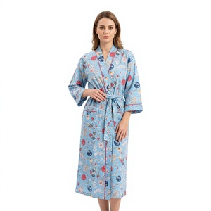 Magnifique Kimono Léger en Coton pour Femme, Imprimé Floral, Col en V, Fermeture à Ceinture, Robe de Nuit Longue Ultra Douce en Soie - Product Image 1
