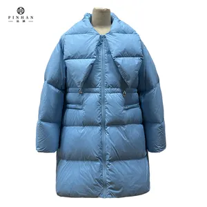 Long Baby Blue Winter Puffy Clothing OEM Gothic Tipped Collar Jacket For Women Horizontal Quilting Design Ladies Down Coat