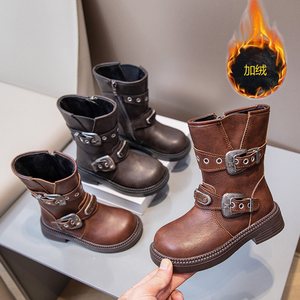 Botas Vaqueras de Otoño para Niñas con Botones Metálicos, de Cuero PU, Punta Redonda, Cierre de Cremallera, Zapatos Cortos para Niños, Botas de Moda Infantiles - Product Image 2