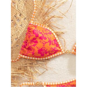 Bikini Floral Personalizado para Mujer, 2 Piezas, Top con Tirantes Finos, Tanga, Traje de Baño con Ribete en Contraste, Tela Elástica - Product Image 5