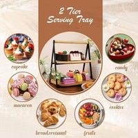 Support de service à 2 niveaux en bambou avec cadre métallique, plateau de présentation à double couche pour gâteaux, collations, décorations de fête du thé de l'après-midi