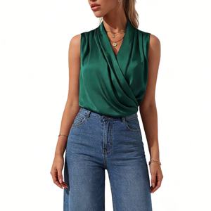 Women's Satin Wrap Front Sleeveless Blouse - Cowl Neck Casual <b>Top</b> Shirt Fashion - Product Image 5