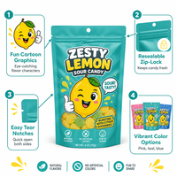 Sachet à collation imprimé personnalisé motif dessin animé, refermable avec fermeture éclair et trou de suspension, qualité alimentaire, vente en gros pour bonbons et sucettes au citron