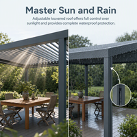 Pergola motorisée extérieure en aluminium, écologique, inspirée de la nature, avec éclairage RGB contrôlé par application, capteur de pluie, style grain de bois