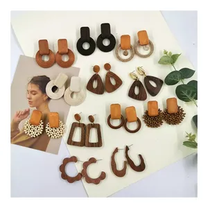 Anting Kayu Sederhana Geometris Manik-manik Kayu Anting Hoop untuk Wanita Splicing Antik Grosir Anting-Anting Kayu Kosong Perhiasan