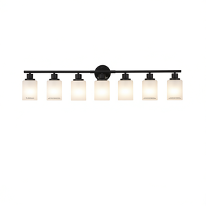 Applique murale de vanité de salle de bain moderne à 8 lumières Verre blanc givré Cadre en fer noir Design contemporain pour dressing de chambre à coucher - Product Image 1