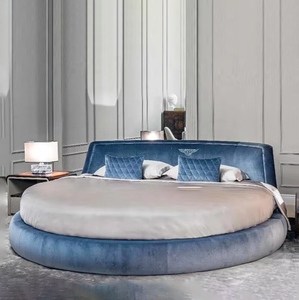 Juego de Muebles de Dormitorio Modernos en Oferta, Camas Circulares de Tela Azul para Adultos, Cama Redonda Doble de Lujo de Terciopelo Tamaño King para Hotel - Product Image 1