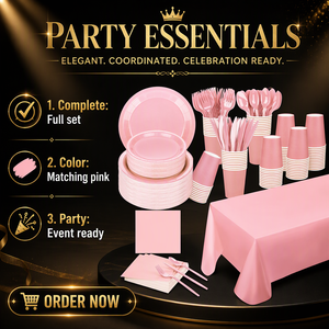 Pastel Light <b>Pink</b> Party Disposable Tableware Set Paper Napkins Plates Cups <b>Tablecloth</b> - Product Image 5