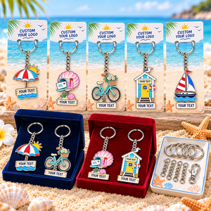Porte-clés personnalisés en émail souple sur le thème des vacances en bord de mer : parapluie de plage, vélo, cabane, voilier – Porte-clés métalliques OEM ODM - Product Image 2