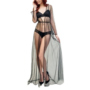 Robe en maille transparente pour femmes, <span class=keywords><strong>kimono</strong></span>, soyeux glacé, <span class=keywords><strong>noir</strong></span> <span class=keywords><strong>long</strong></span>, vintage, <span class=keywords><strong>transparent</strong></span>, lingerie sexy, robe de nuit de mariée - Product Image 2