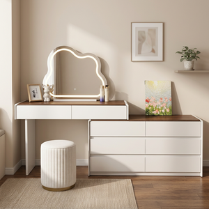 Modern Makeup <b>Vanity</b> <b>Table</b> with Lighted <b>Mirror</b> White MDF Storage Desk for Bedroom Furniture - Product Image 4