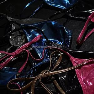 Fabricante de Trajes de Baño de Satén Personalizados OEM, Bikini Triangular con Tanga, Micro Bikini Brillante con Logotipo Personalizado, MOQ Bajo, Traje de Baño Metálico - Product Image 4