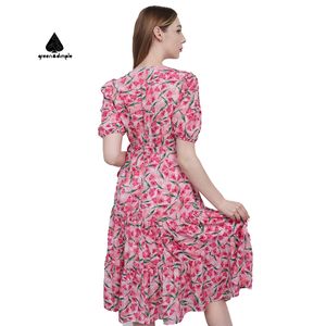 Robe décontractée élégante de couleur pastel avec tapis rouge Vêtements pour dames Robe de plage longue décontractée grande taille à manches bouffantes roses pour femmes - Product Image 3