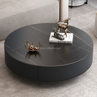 Table Basse Ronde Simple en Dalle de Roche, Table Centrale avec Base en Acier Inoxydable et Tiroir, Combinaison de Table d'Appoint en Verre pour Hôtel et Salon