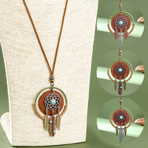 Boho Lange Kettingen Voor Vrouwen Vintage Legering Houten Kettingen Handgemaakte Dromenvanger Blad Hanger Ketting Trui Sieraden - Product Image 1